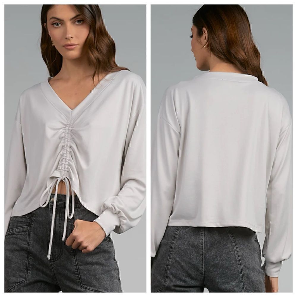 ‎Elan Top Womens size Medium pull string V Neck Gray Stone pullover New